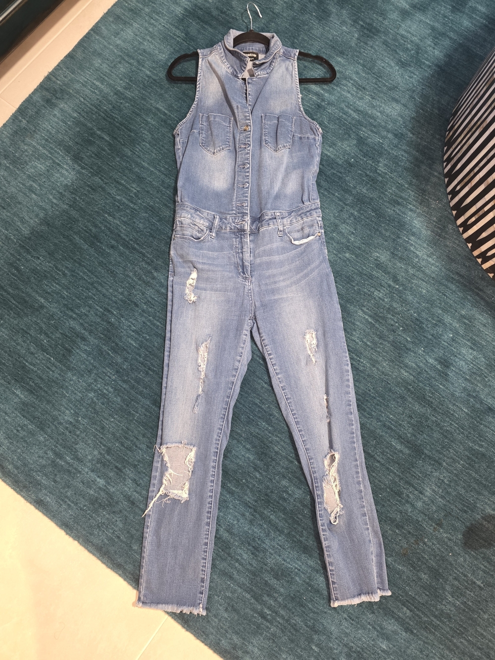 bebe Light Blue Distressed Denim Jumpsuit